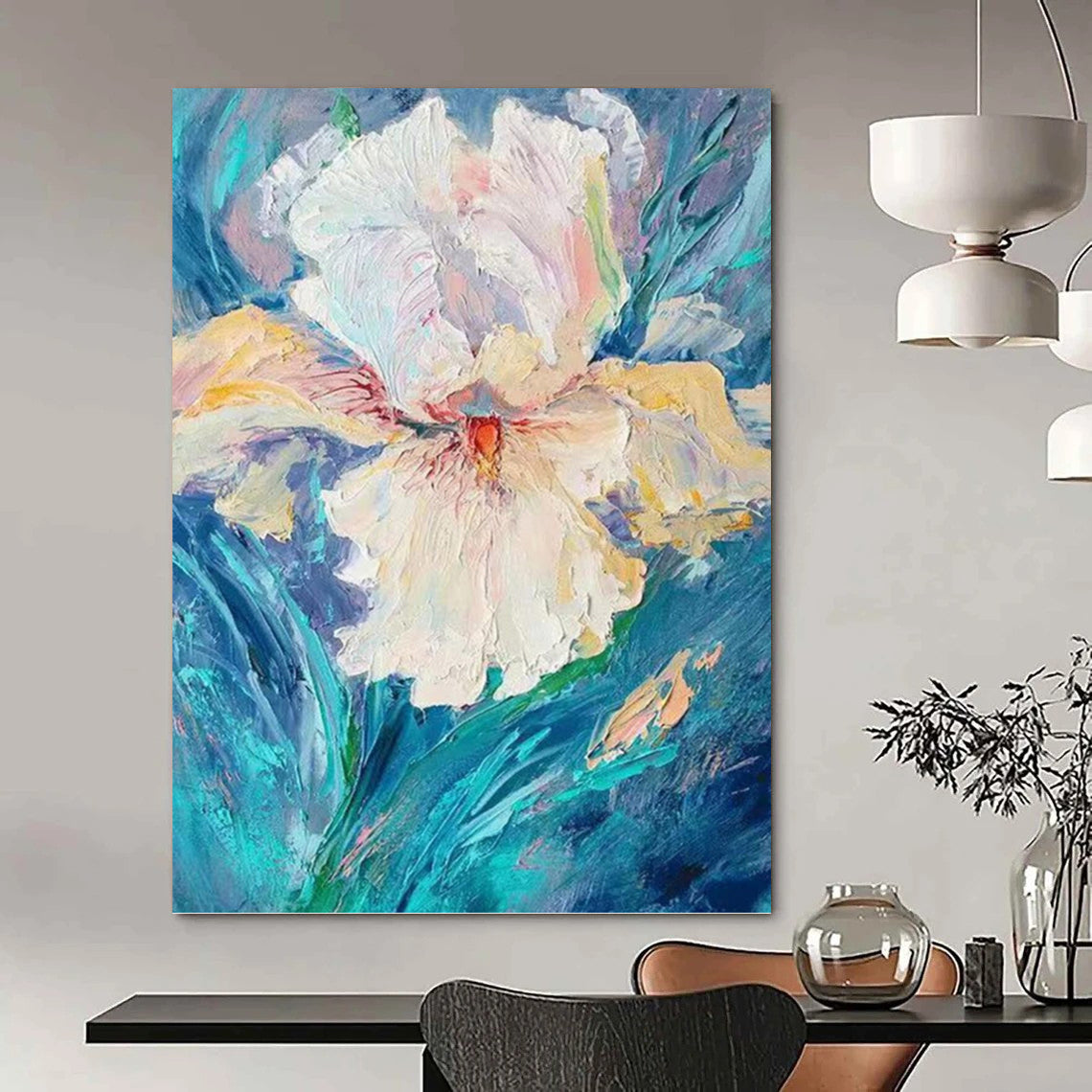 “White Flower: Textured Impasto on Blue” - Impressionistic Floral Painting On Canvas PT0942