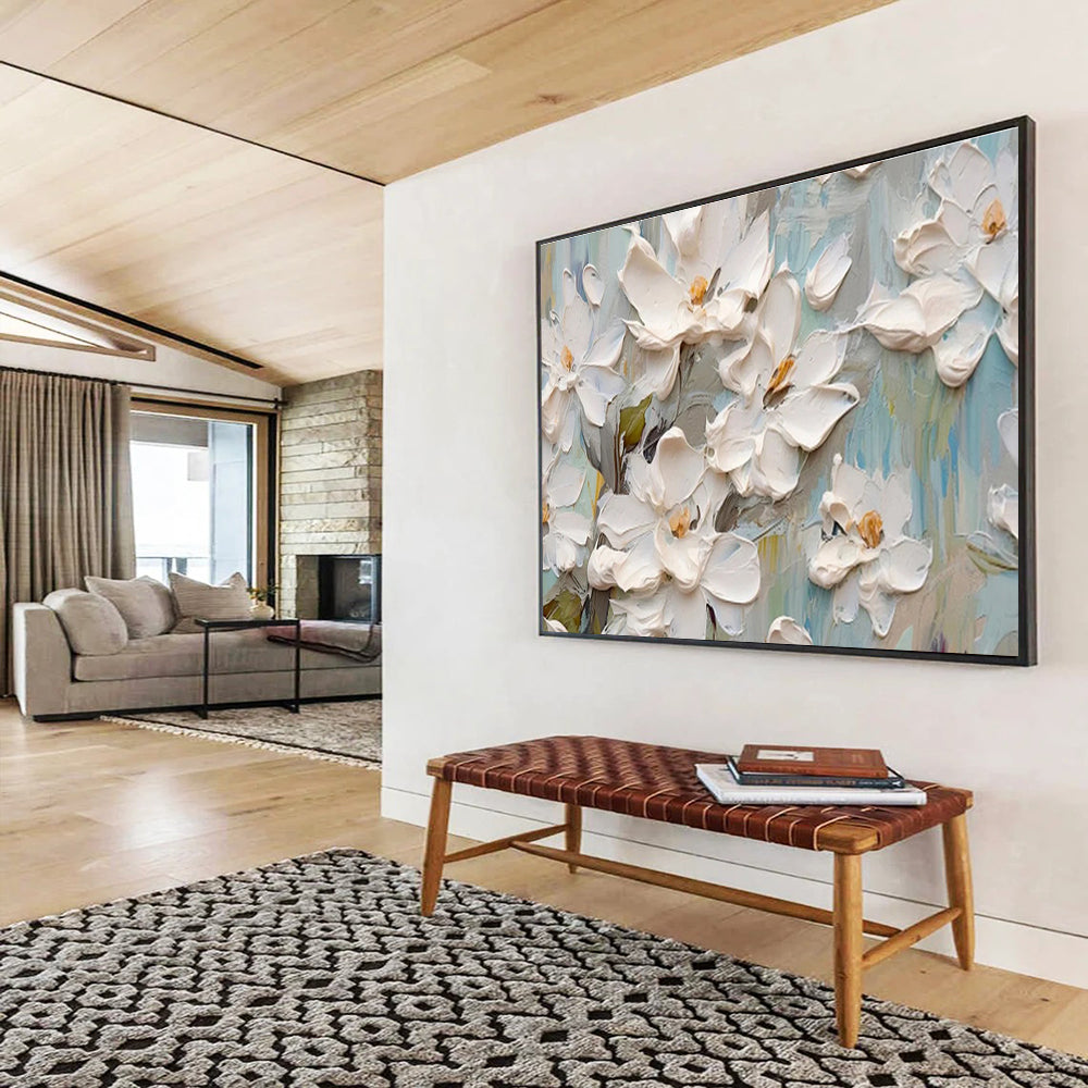 “Blossoming Serenity” - White, Green & Blue Floral, 3D - Textured Flower Acrylic Painting On Canvas DKS686