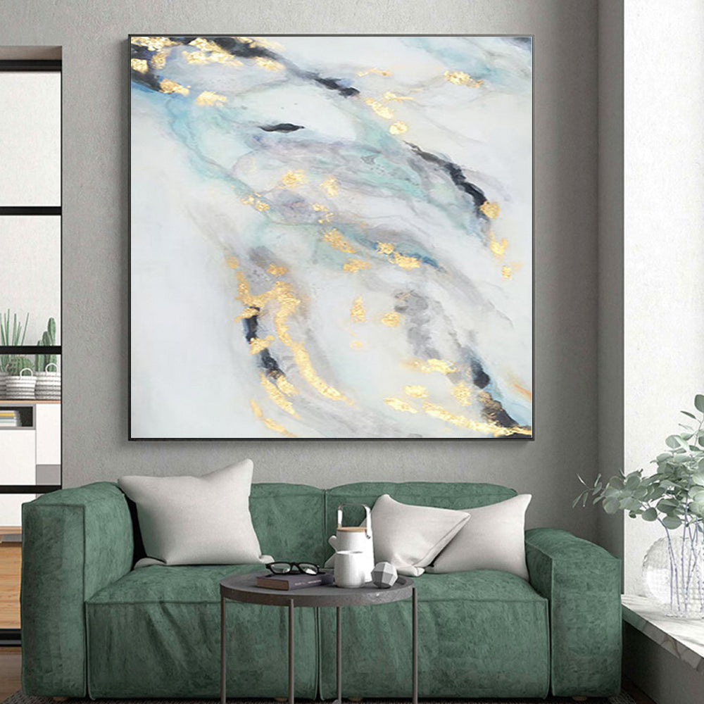 “Blue, Gray & Gold Flowing Shapes” - Abstract Painting On Canvas PS0428