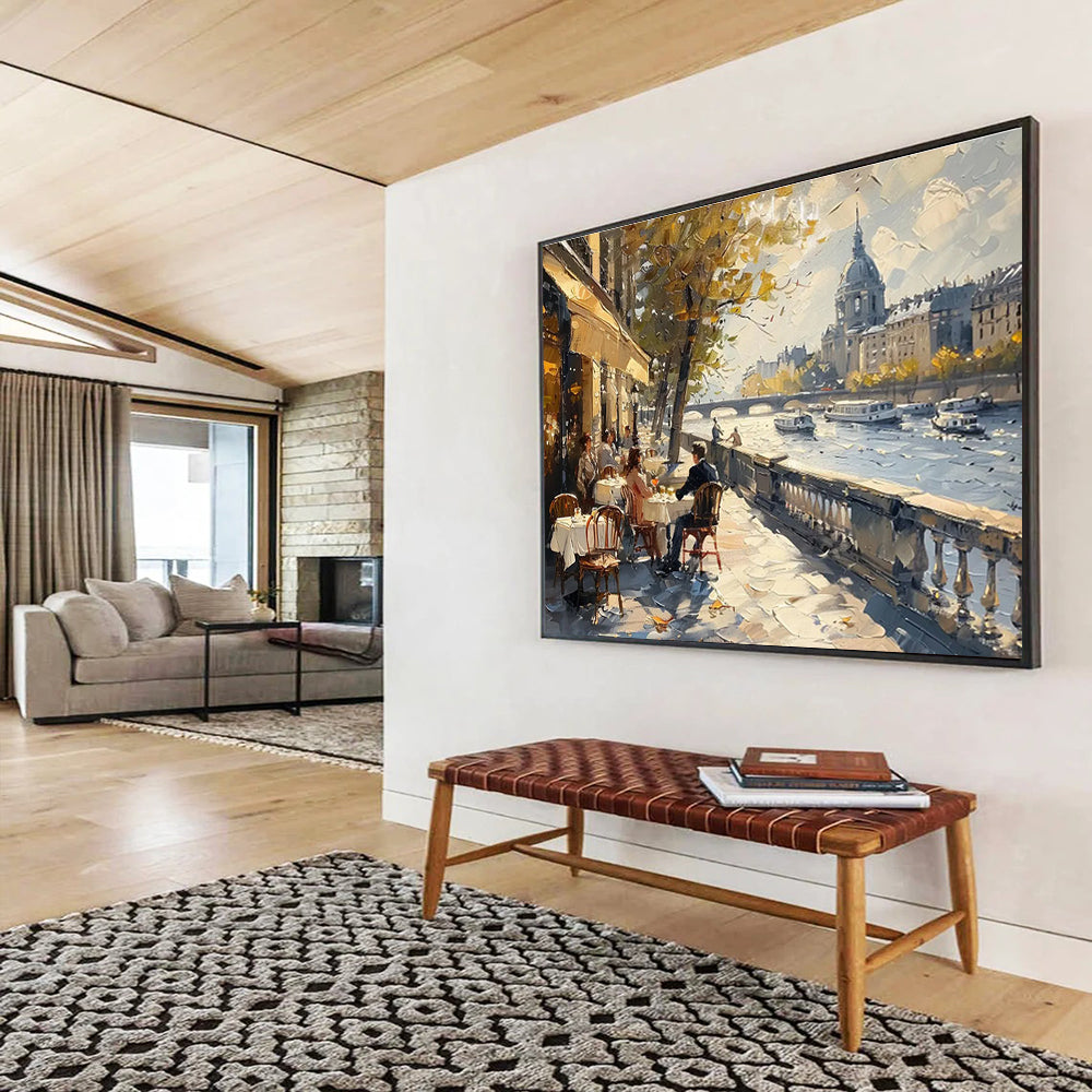 Riverbank Café - Cityscape Oil Painting, Ideal for Kitchen & Patio DKS666