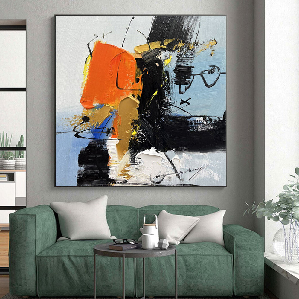 “Orange - Black Bold Abstraction” - Orange, Black, Gold Abstract Painting On Canvas PS0486