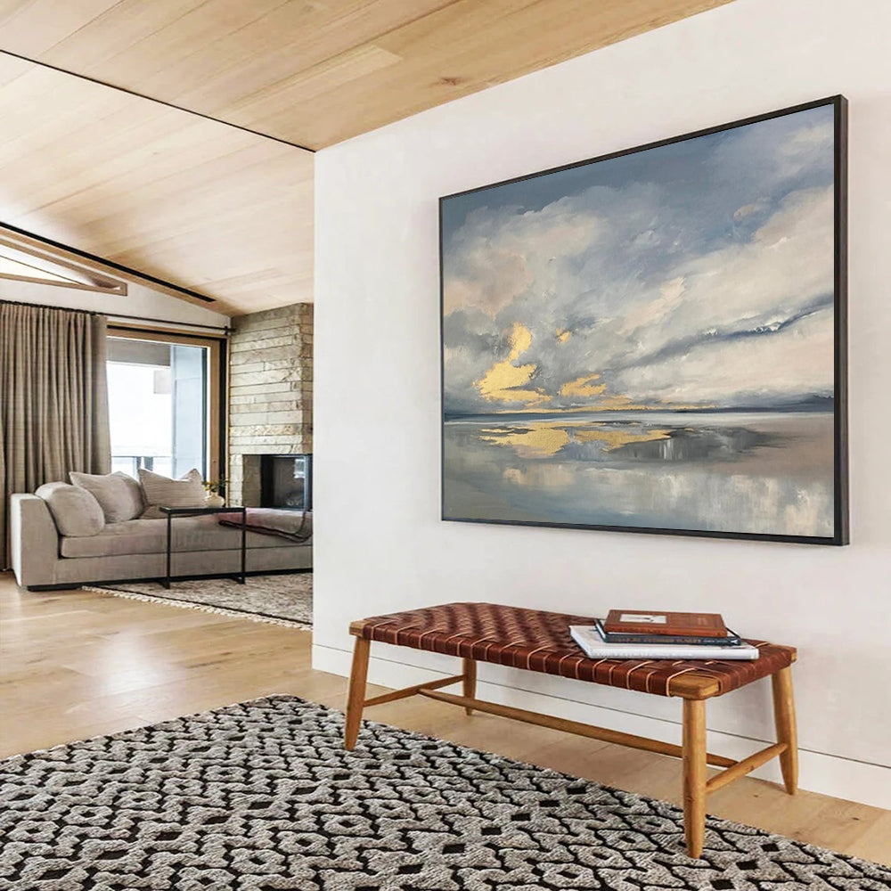 “Gray - Gold Sky Reflection” - Landscape Painting On Canvas PT253