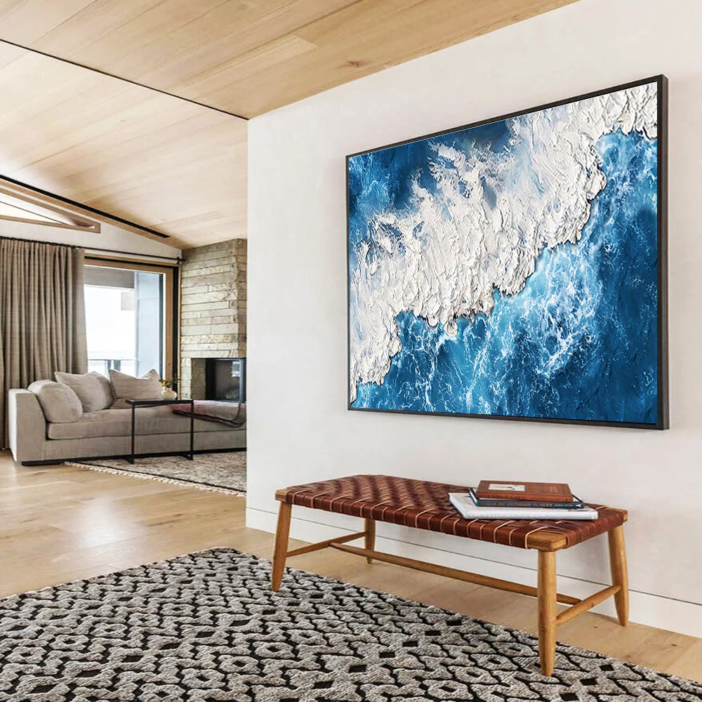 “Textured Blue Coast” - Blue, White & Gray Seascape, Impasto Oil Painting On Canvas DKS785