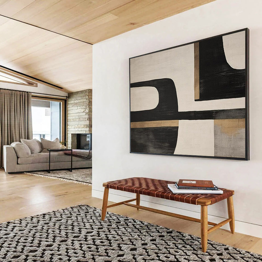 “Black - Beige Geometric Forms” - Abstract Modernist - Painting On Canvas PT1734