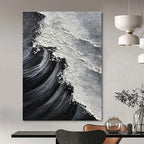 Black, White with Textured Wave "Monochrome Surf" Abstract Painting On Canvas PS1484