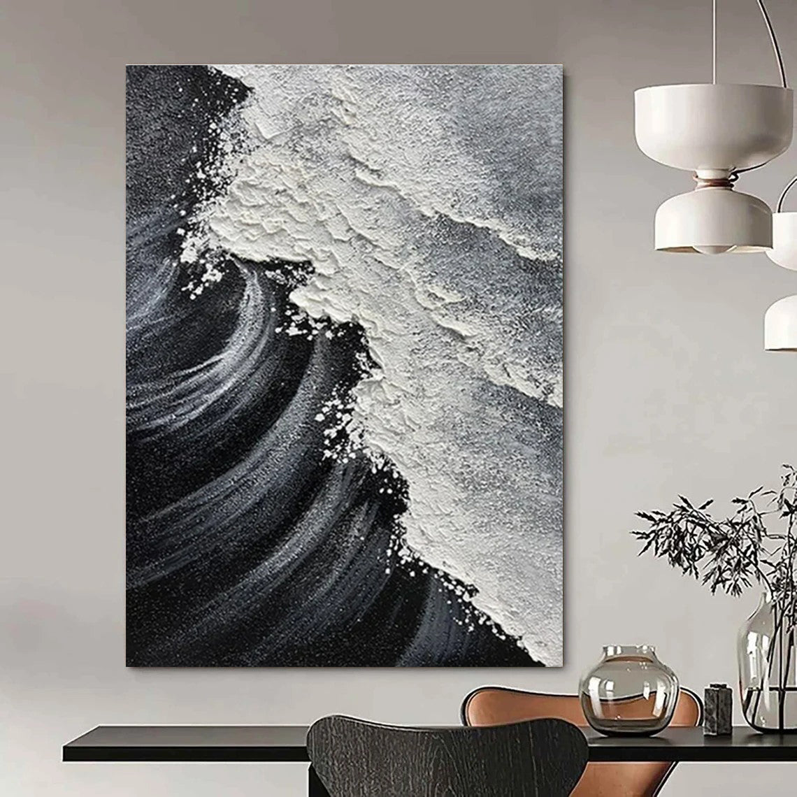 Black, White with Textured Wave "Monochrome Surf" Abstract Painting On Canvas PS1484