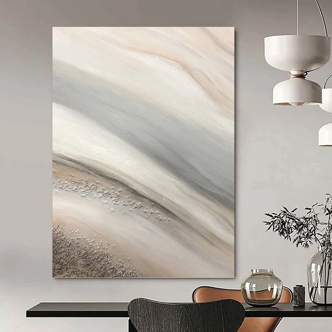 “Beige - Grey Abstract with Silver” - Minimalist Abstract Painting On Canvas PT1215