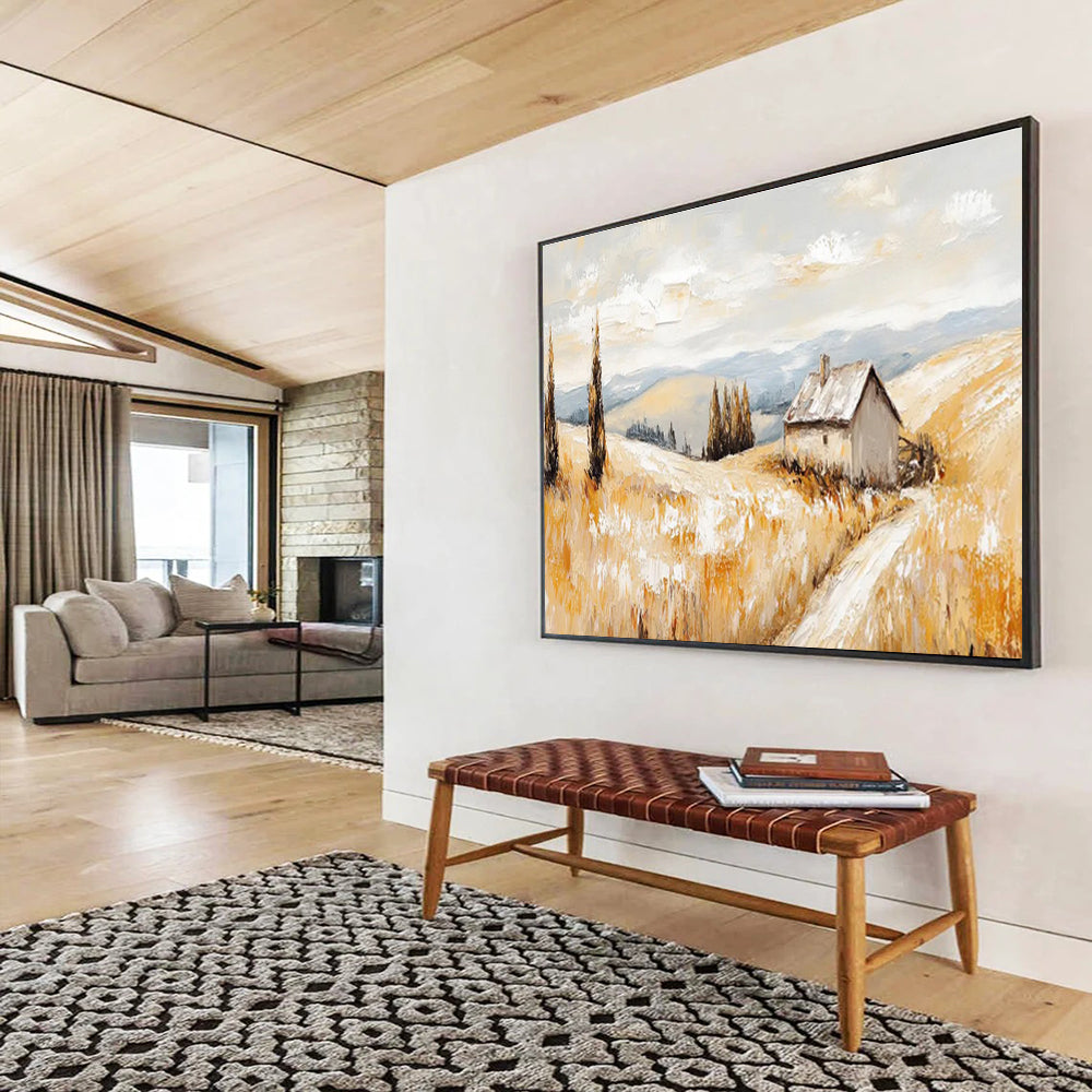 “Golden Field Cottage” - Impressionistic Landscape Painting On Canvas DKS461