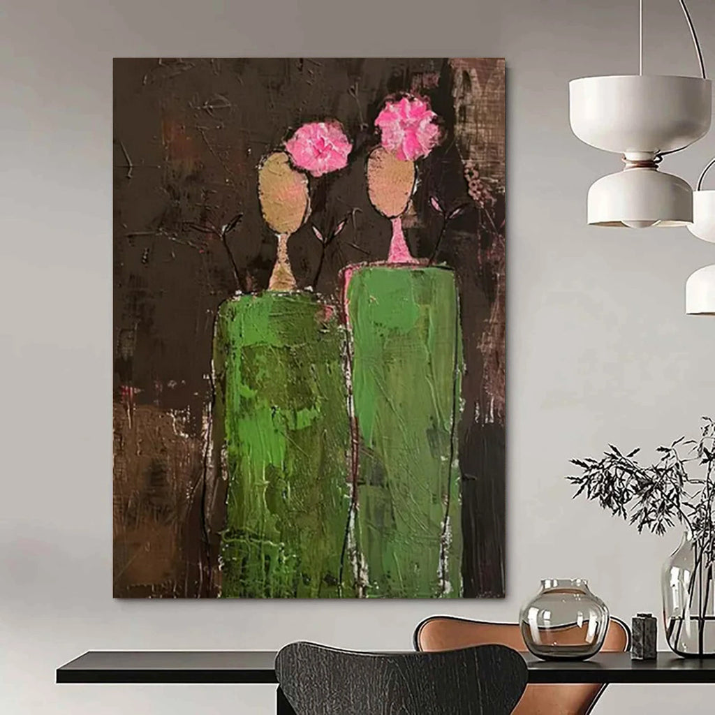 “Dark Green and Pink Abstract Figures” - Primitive Abstract Painting On Canvas PT2242