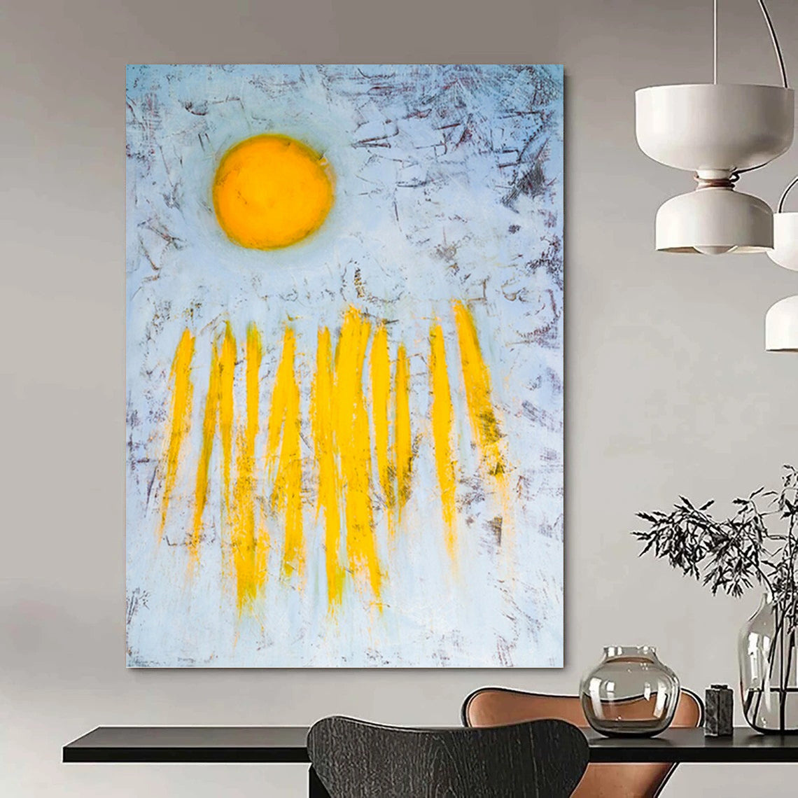 “Yellow Sun & Rays” - Bold Abstract Sun Painting On Canvas PT1089