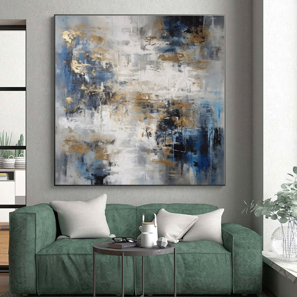 “Blue - Gray - Gold Dynamic Abstraction” - Blue, Gray, Gold Abstract Painting On Canvas PS0537