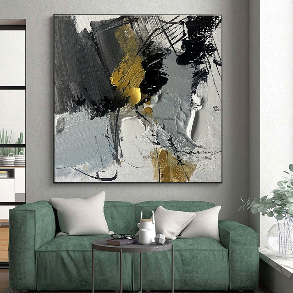 Charcoal, Gray, Gold, White Opulent Chaos “Gilded Storm” - Painting On Canvas PS0792