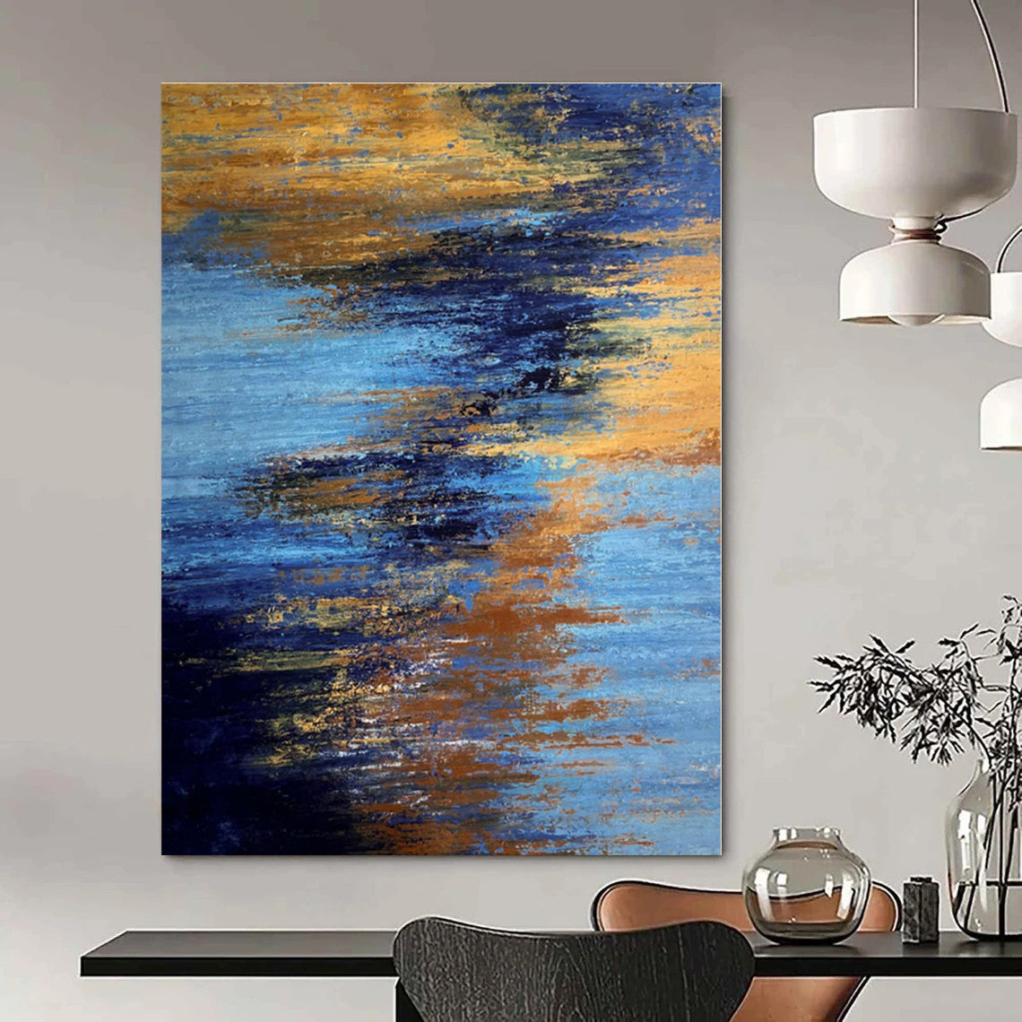 Blue and Gold Abstract Sunset - Textured Color Blends Painting On Canvas PS1234