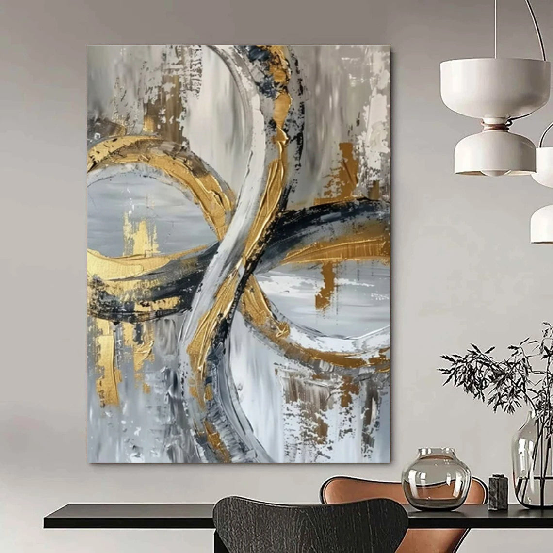 Gold and Gray Intertwined Rings - Textured Abstract Painting On Canvas PS1251