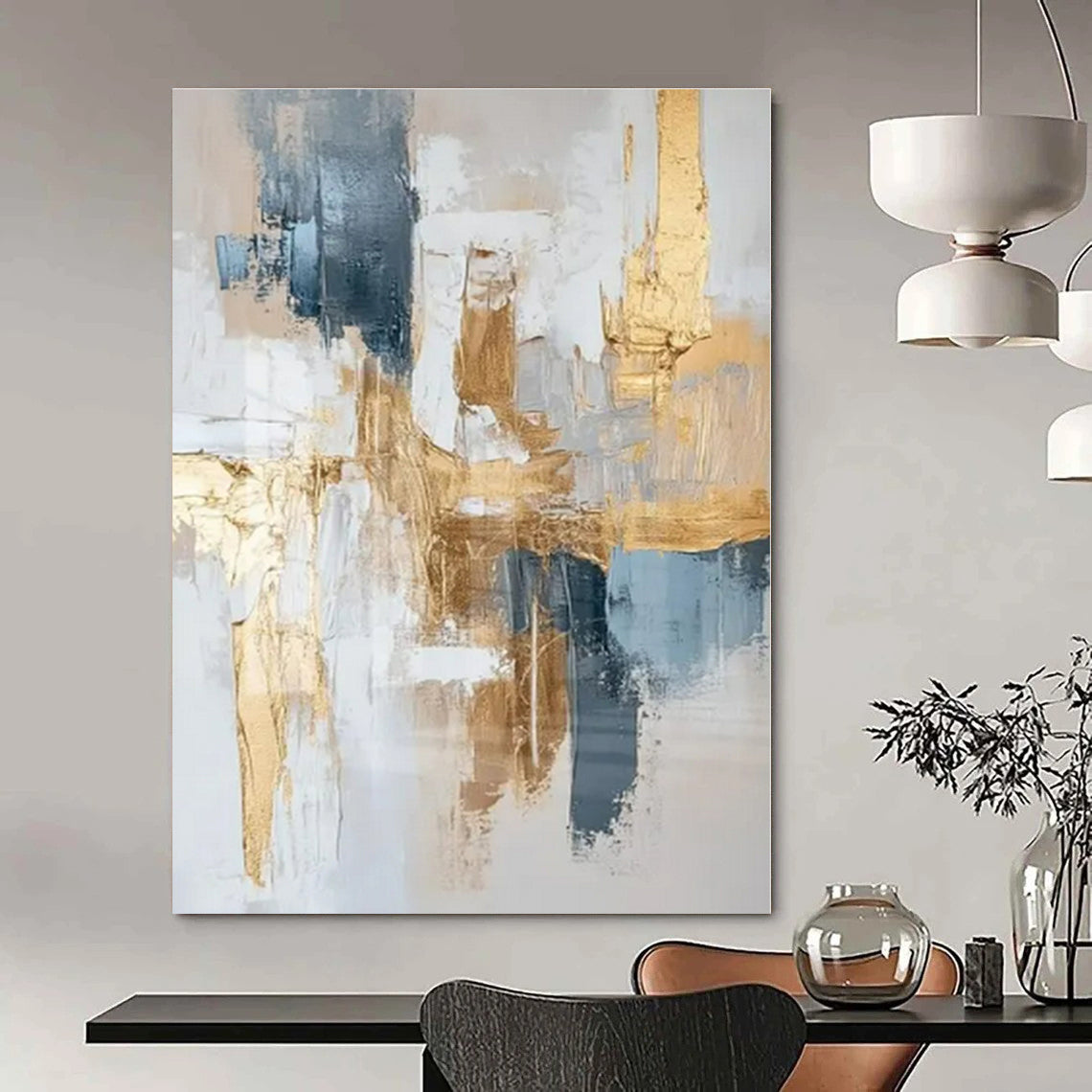 Gray, Gold, Blue with Abstract Layers "Gilded Mornings" Abstract Painting On Canvas PS1269