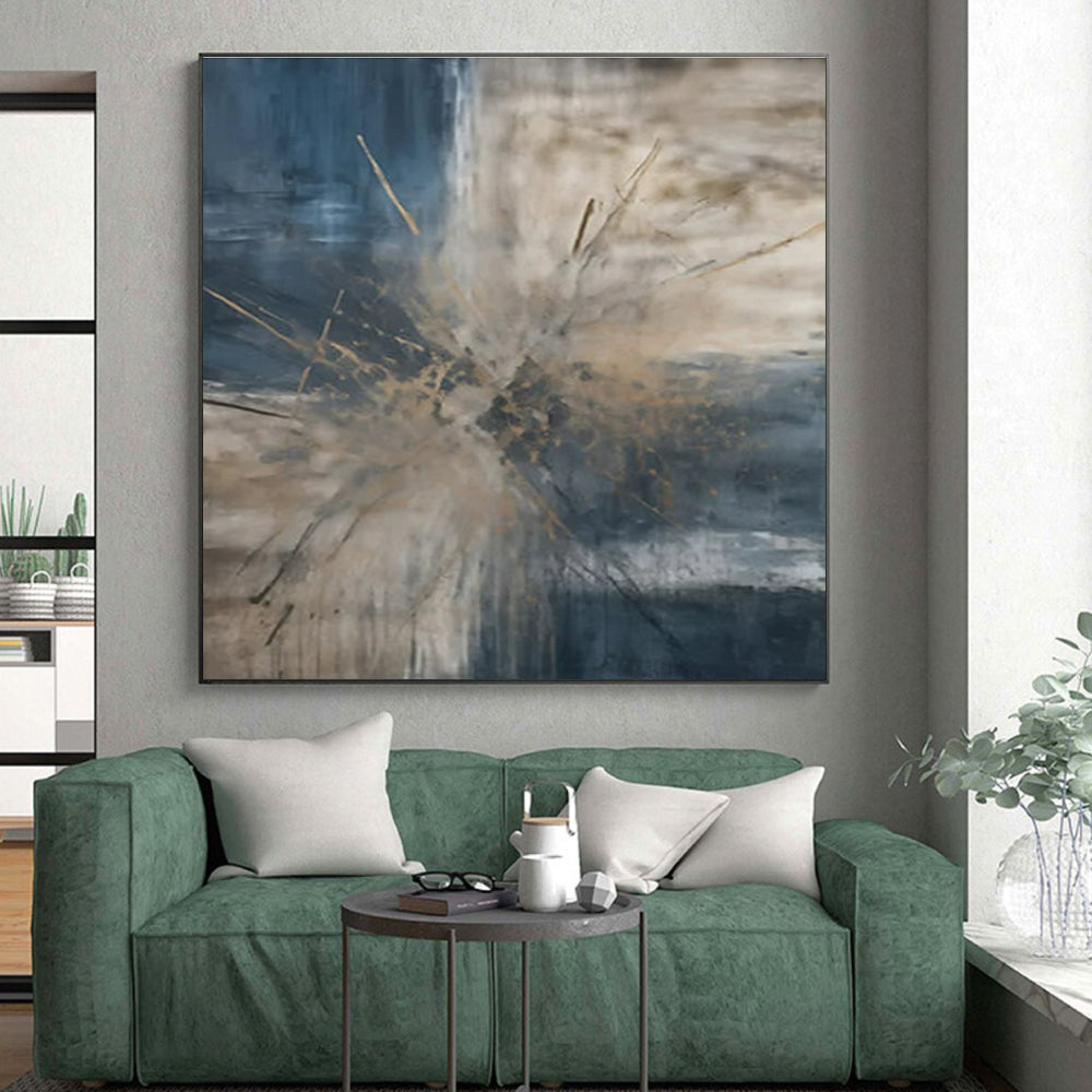 Blue & Beige Abstract Burst Painting On Canvas PS0825