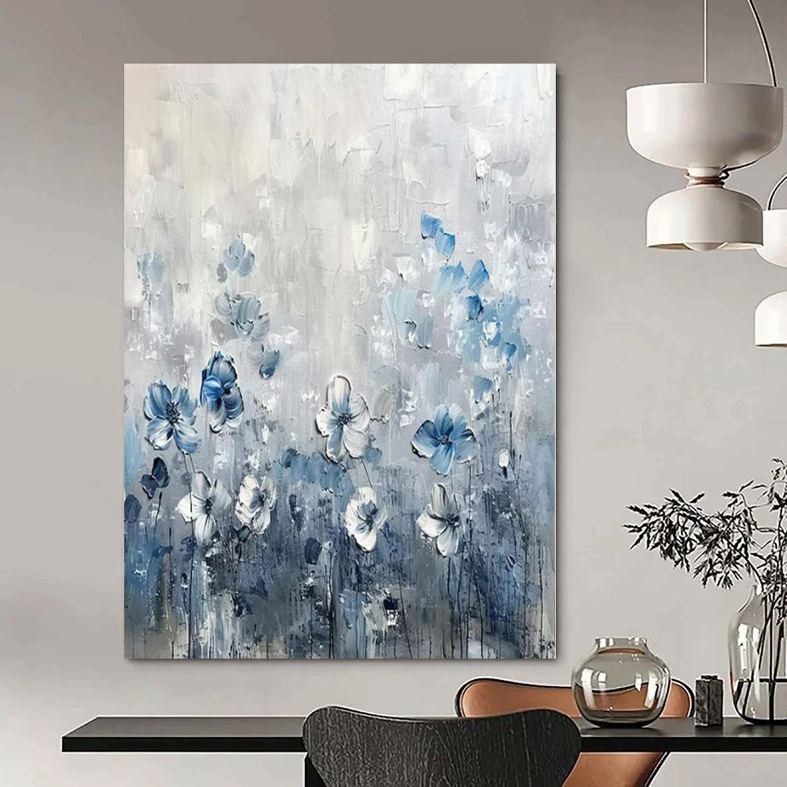 Blue and White Floral "Serene Blooms" Impasto Flower Painting On Canvas PS1086