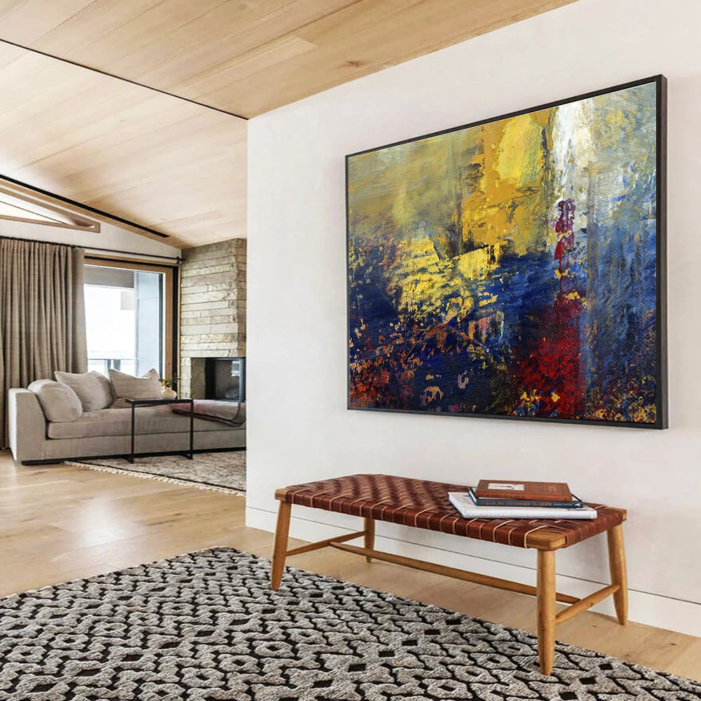 “Golden - Blue Abstract Vista” - Gold, Blue & Purple Abstract, Impasto Oil Painting On Canvas DKS722