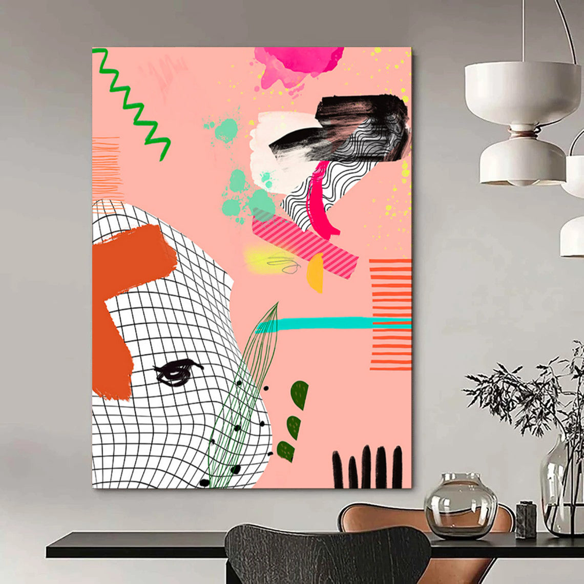 “Playful Pink - Green Abstract Collage” - Contemporary Abstract Painting On Canvas PT2006