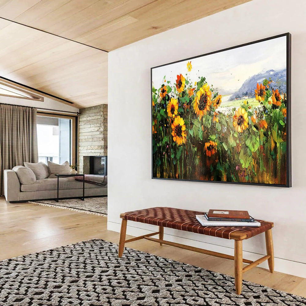 “Sunflower Field with Mountain View” - Impressionist Landscape - Painting On Canvas PT1760