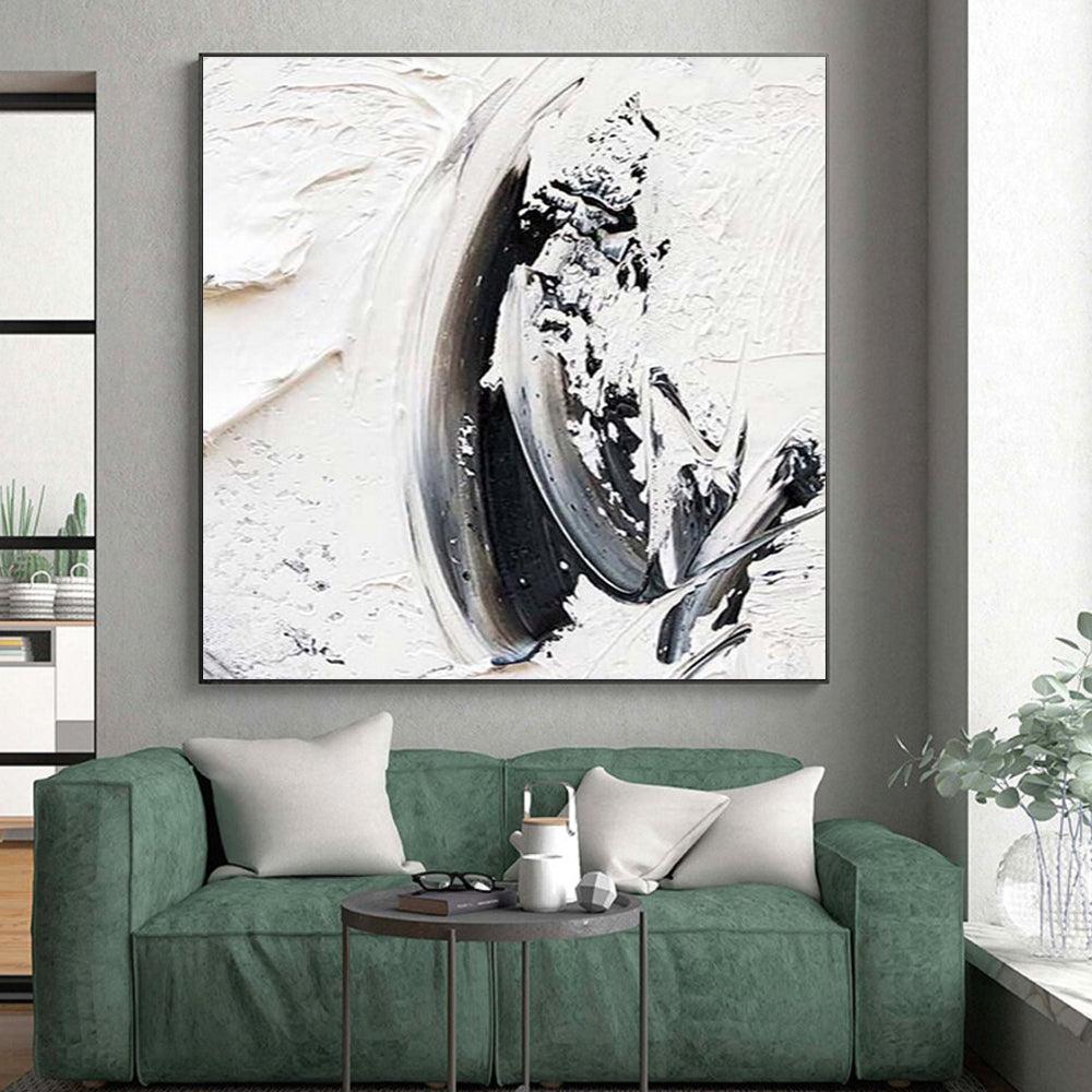 “Black - White Textured Strokes” - Black, White Abstract Minimalist Painting On Canvas PS0701