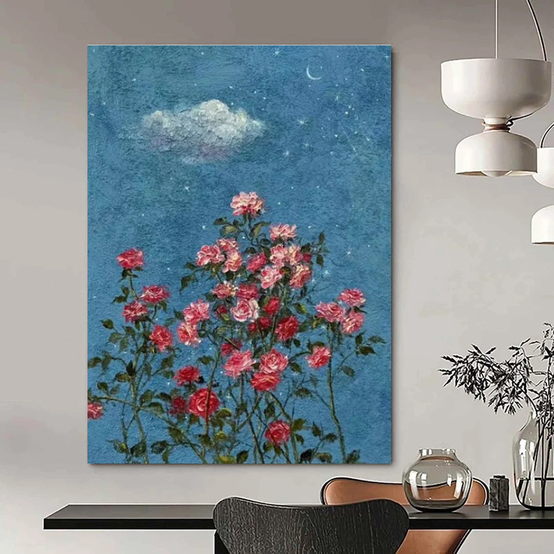 Blue, Pink, Green with Roses and Sky Elements "Starry Blossoms" Abstract Painting On Canvas PS1454