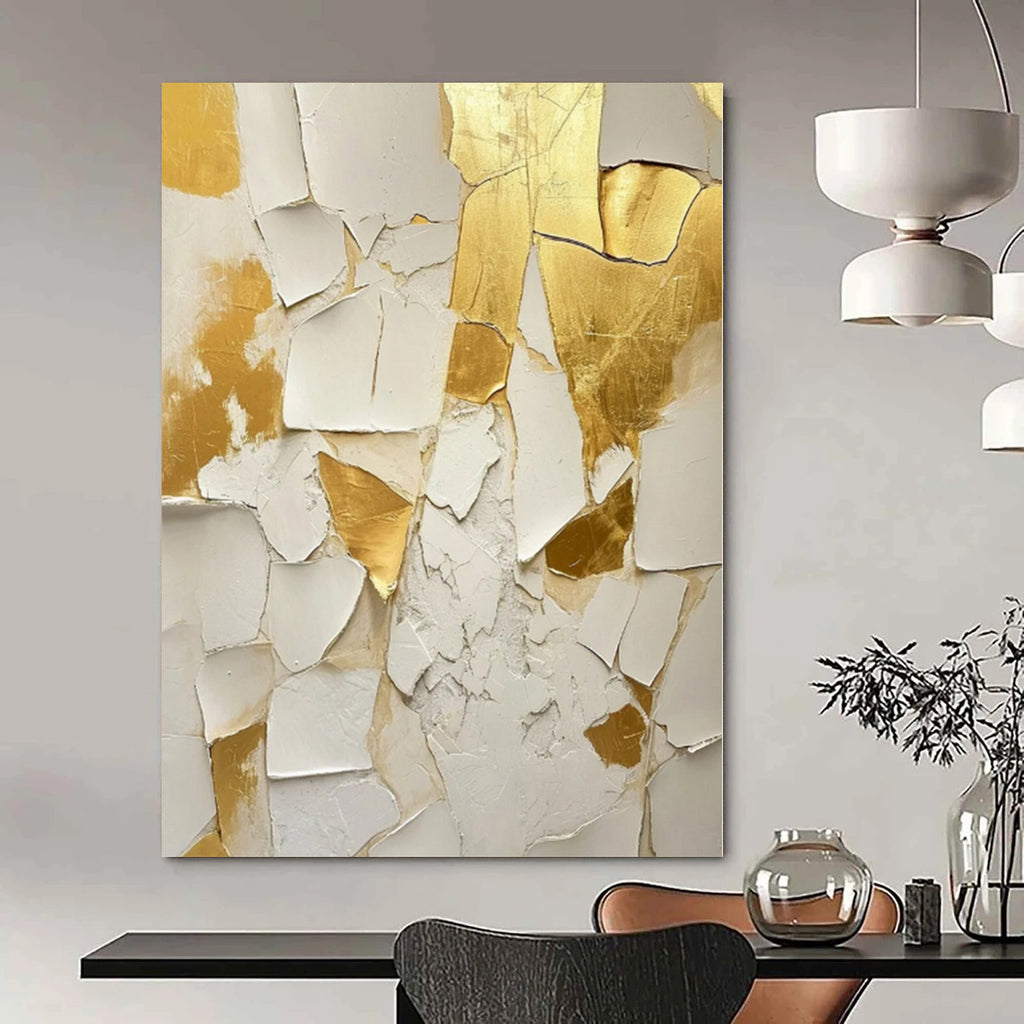 “Cracked Gold - White Textured Art” - Mixed - Media Abstract Painting On Canvas PS0216