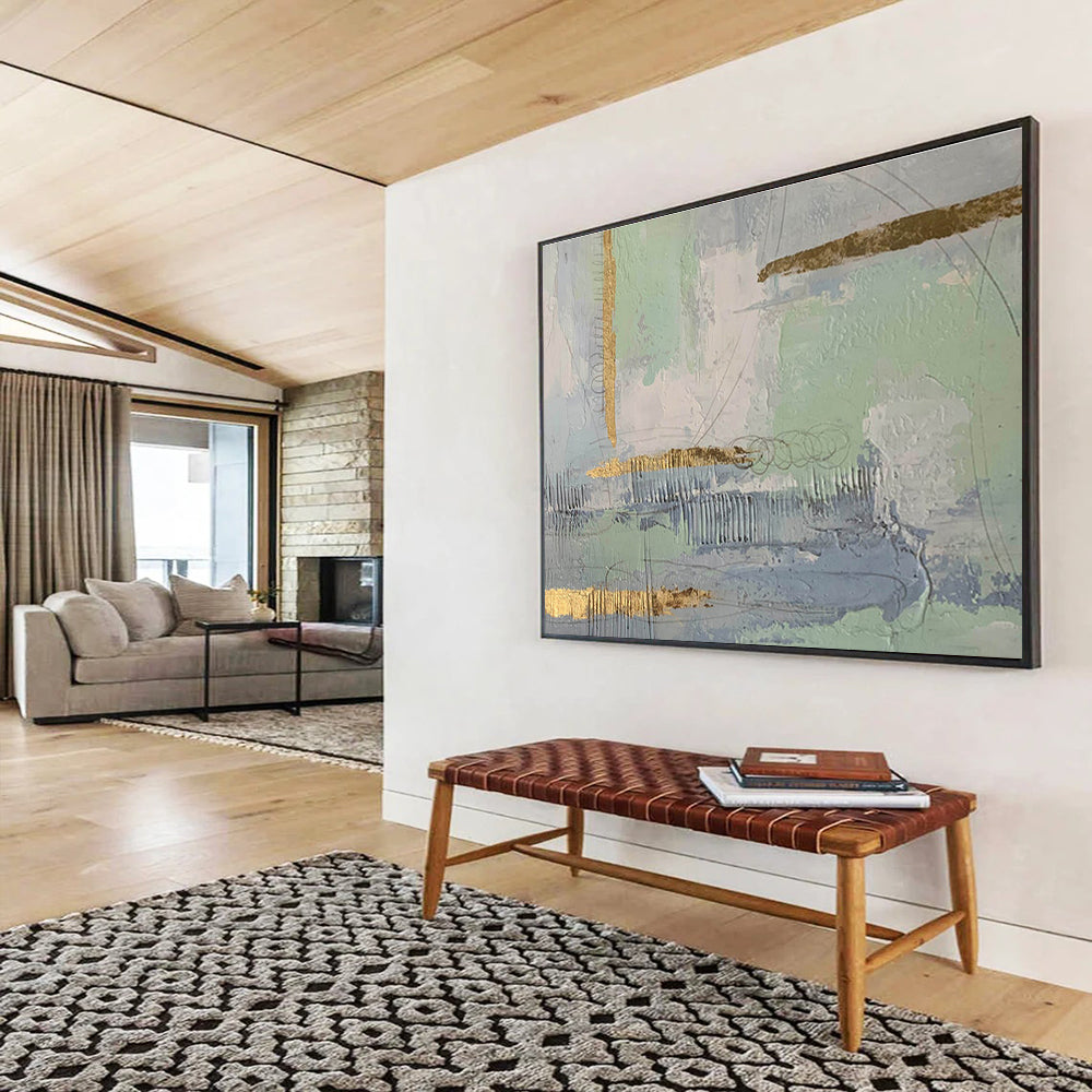 Pastel Greens and Blues with Gold Abstract Painting On Canvas DKS179