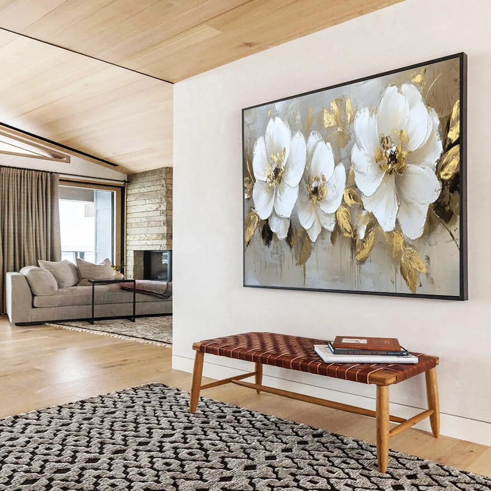 “White Blooms & Gold Foliage” - Floral Impasto - Painting On Canvas PT1705