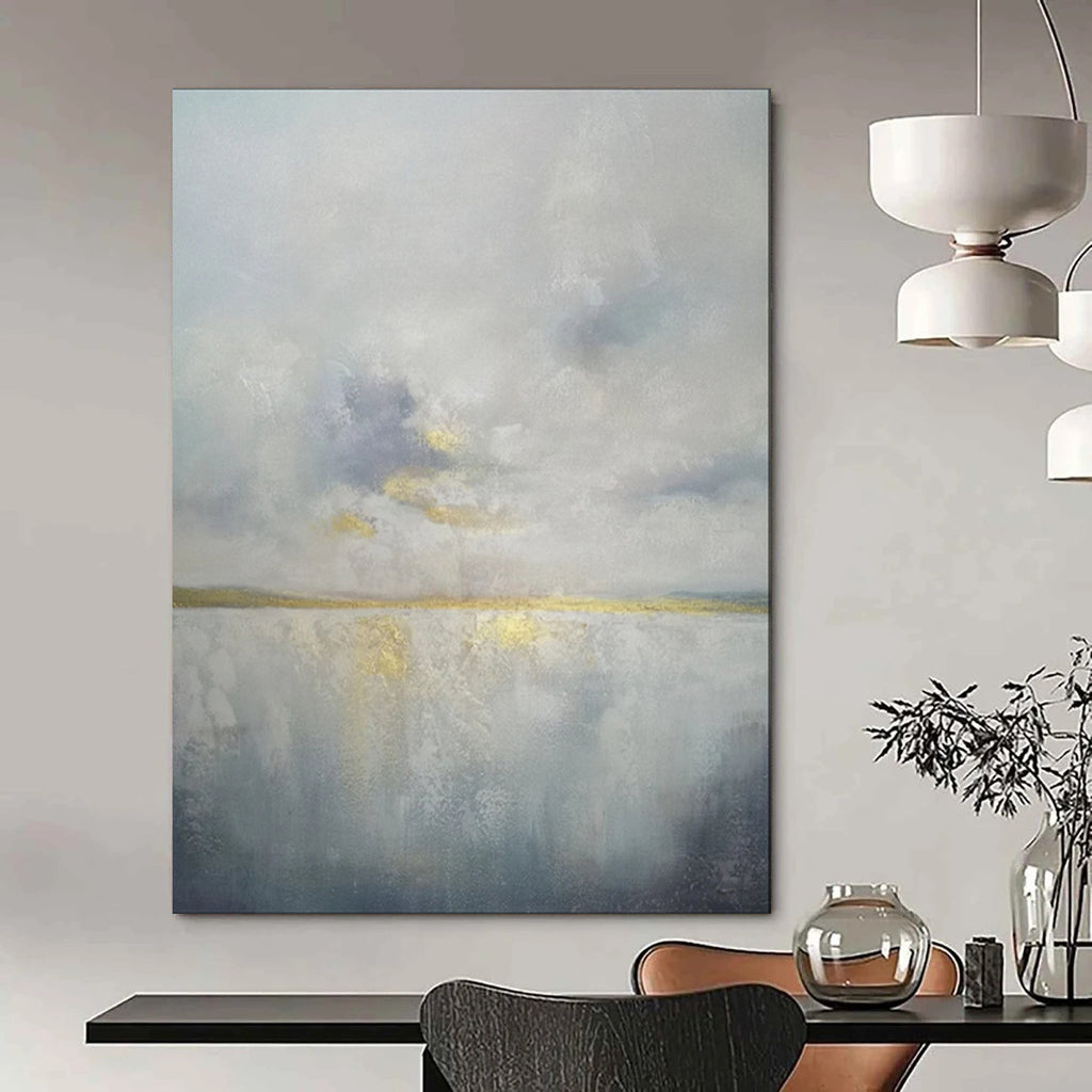 “Gray - Toned Abstract Sky and Water with Gold Accents” - Abstract Landscape Painting On Canvas PT1903