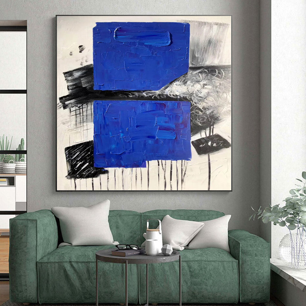 “Blue - Black - White Abstract Textured Squares” - Tactile Abstract Painting On Canvas PS0330