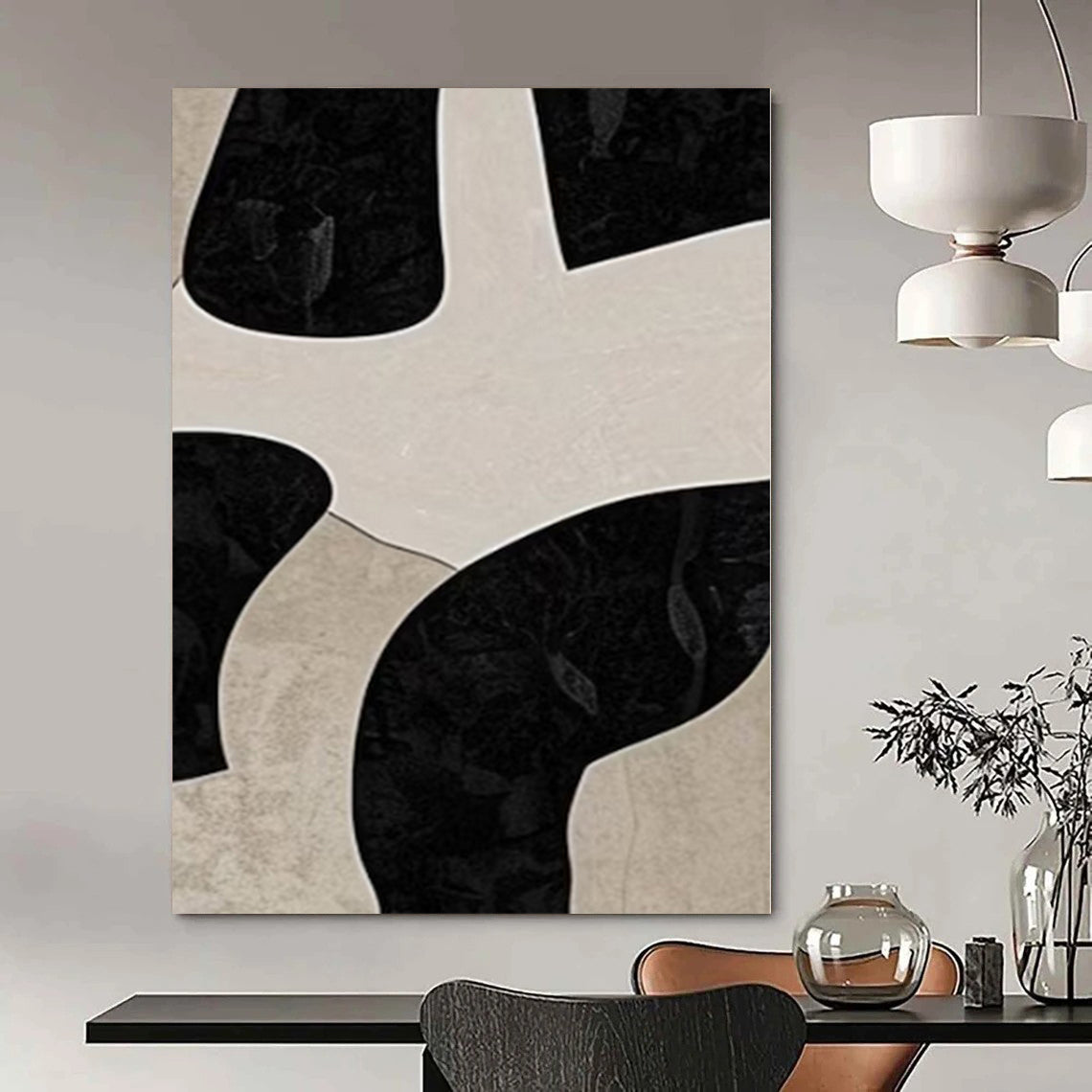 Beige and Black Organic Shapes "Mystic Puzzle" Modern Abstract Painting On Canvas PS1099