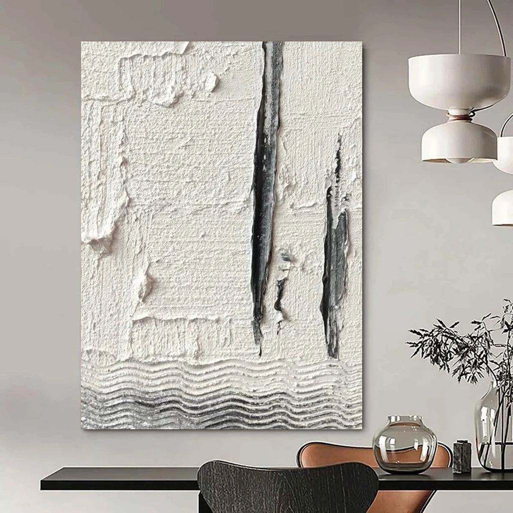 “Textured White with Grey Lines and Waves” - Minimalist Abstract Painting On Canvas DS371