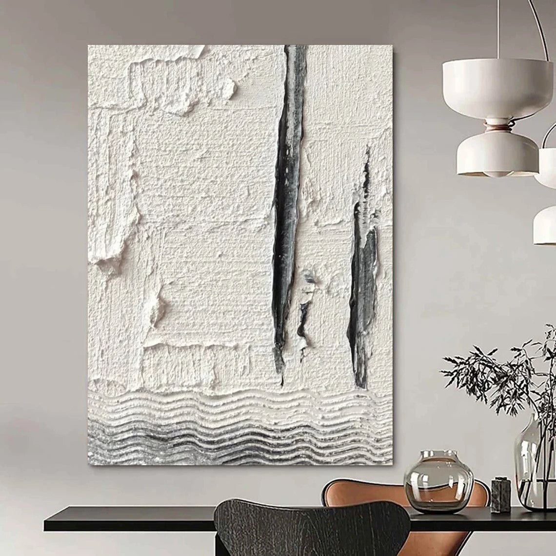 “Textured White with Grey Lines and Waves” - Minimalist Abstract Painting On Canvas DS371