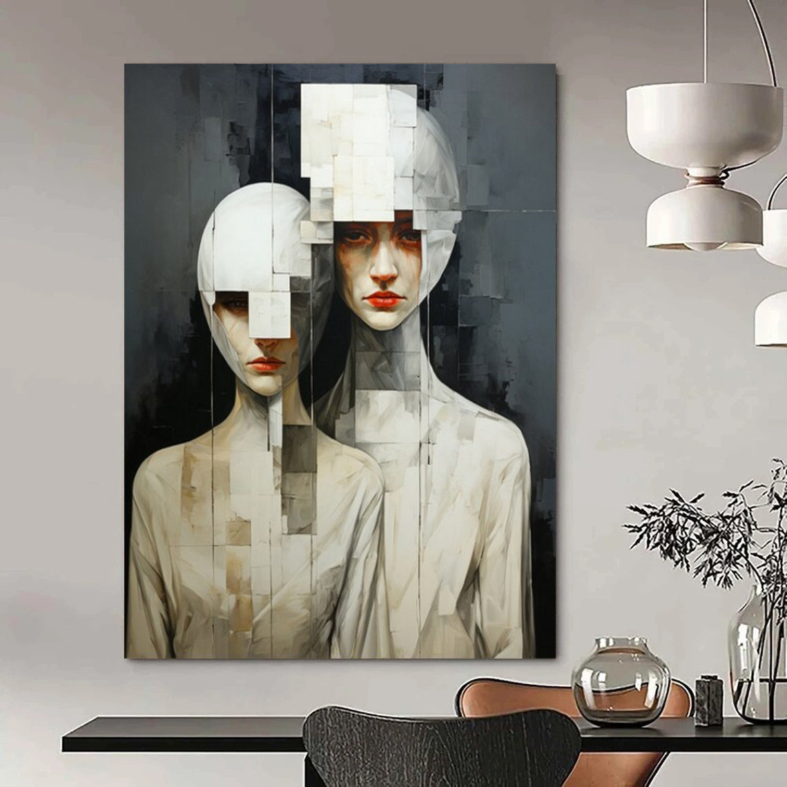 “Monochrome Fragmented Figures” - Surrealist Painting On Canvas PT2203