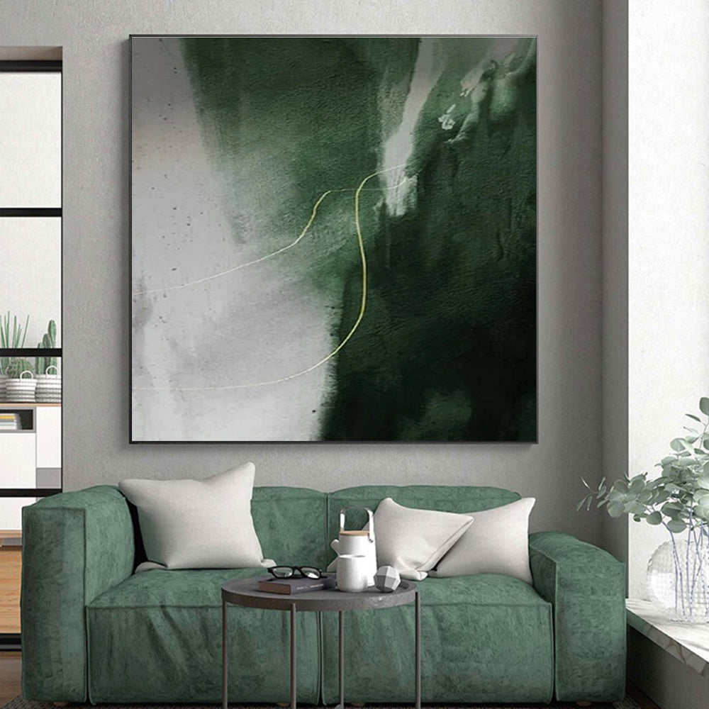 “Green - Yellow Abstract Line” - Green, Gray, Yellow Abstract Minimalist Painting On Canvas PS0649