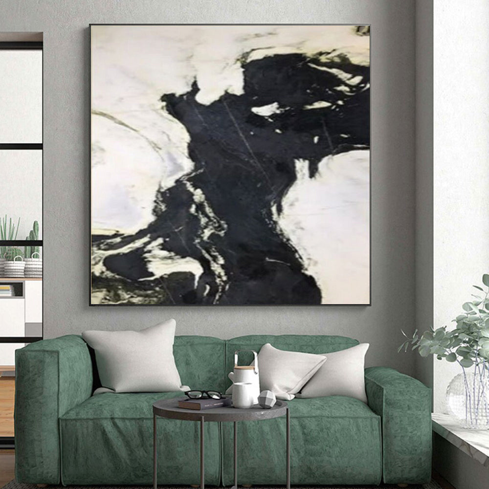 “Black - White Abstract Flow” - Black, White Abstract Expressionist Painting On Canvas PS0733