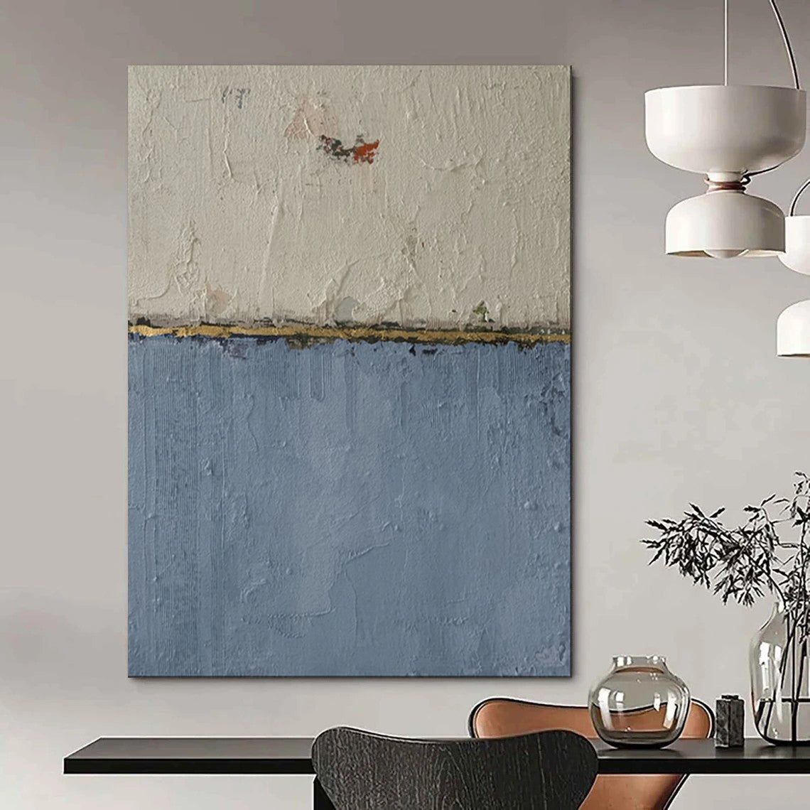 “White - Blue - Gold Textured Abstract” - Textured Minimalist Painting On Canvas PT1967
