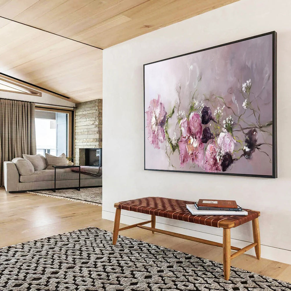 “Pink Flowers with Baby’s Breath” - Romantic Floral - Painting On Canvas PT1762