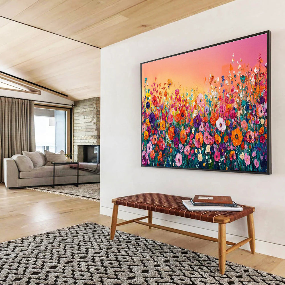 Rainbow Meadow - Vibrant Floral Oil Painting, Great for Game Room & Outdoor Lounge DKS680