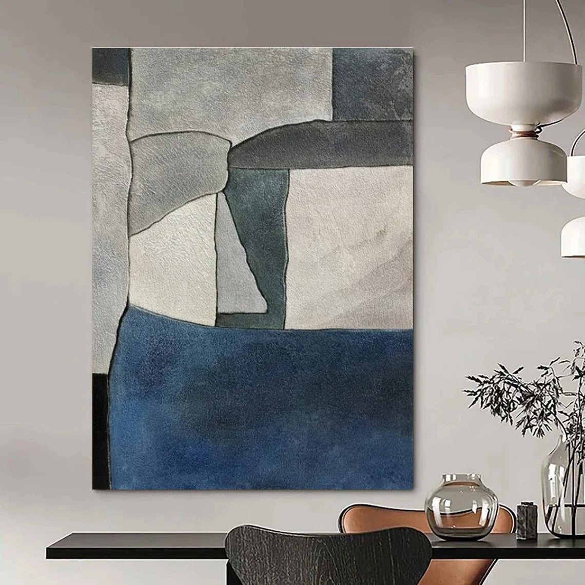 Gray, Blue, White with Geometric Shapes "Modern Mosaic" Abstract Painting On Canvas PS1425