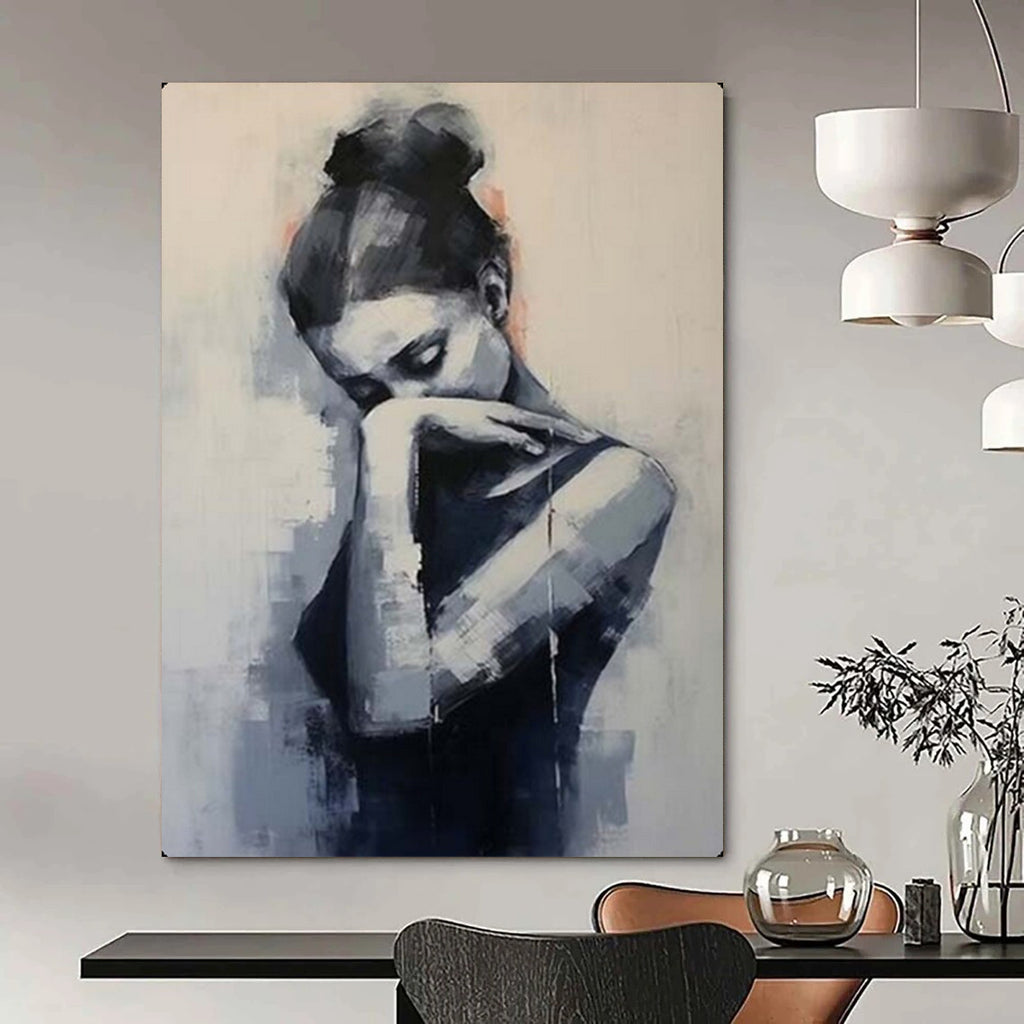 Monochrome Contemplative Figure, Minimalist Expression, Painting On Canvas PT2140