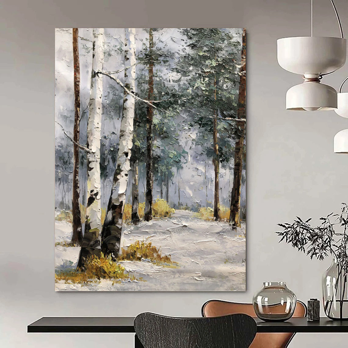 “White - Brown Winter Birch Path” - Impressionist Landscape Painting On Canvas PT1283