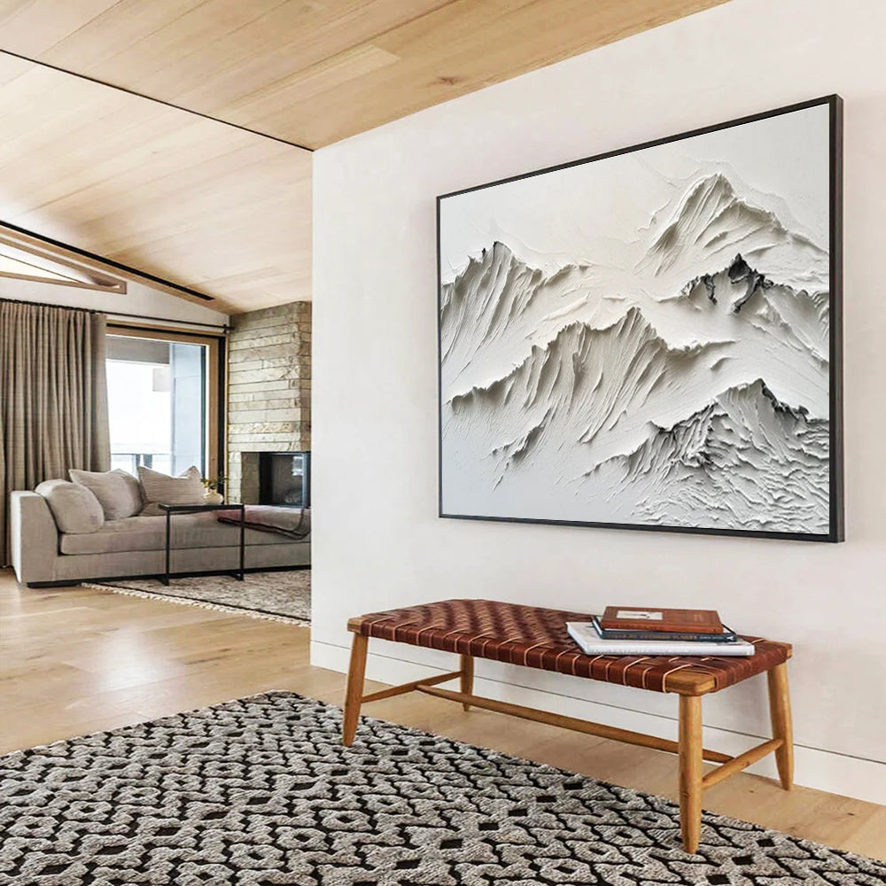 “White Textured Mountain Relief” - Sculptural Abstract Painting On Canvas DKS459