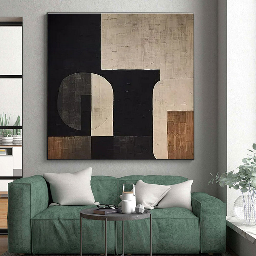Black, Beige & Brown Geometric Abstract "Suburban Geometry" Painting On Canvas PS0862