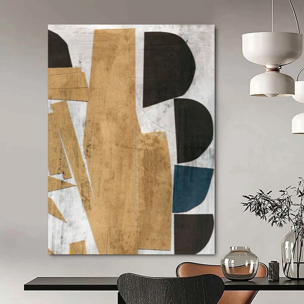 “Geometric Gold & Black Collage” - Mixed Media Shapes with Earthy Tones Painting On Canvas DS216