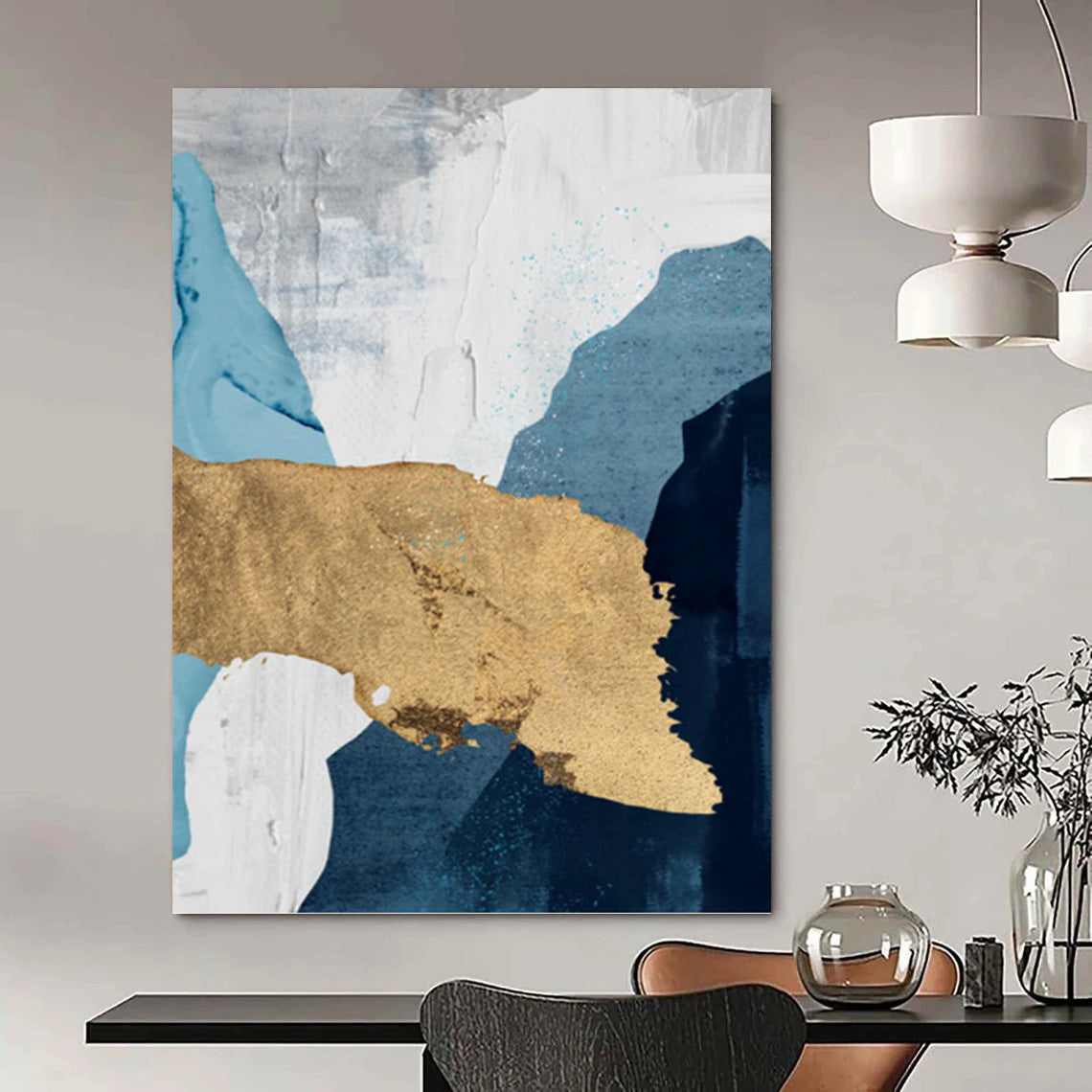 “Blue, White, and Gold Abstract” - Elegant, Metallic - Accented Painting On Canvas PT1527