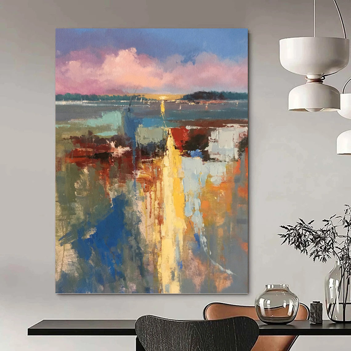 “Colorful Abstract Harbor” - Impressionistic, Vibrant - Hued Painting On Canvas PT1578