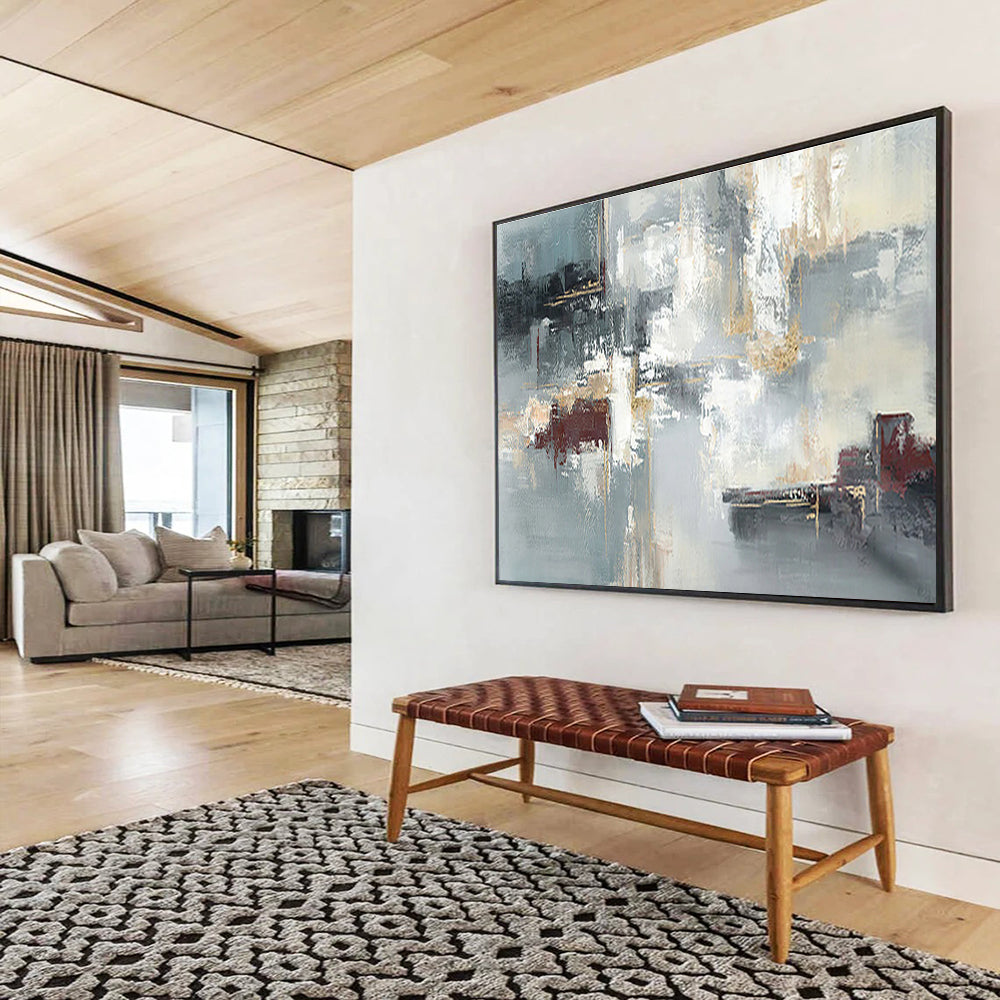 Blue - Gray Abstract with Gold Lines - Luxe Abstract Painting On Canvas DKS352