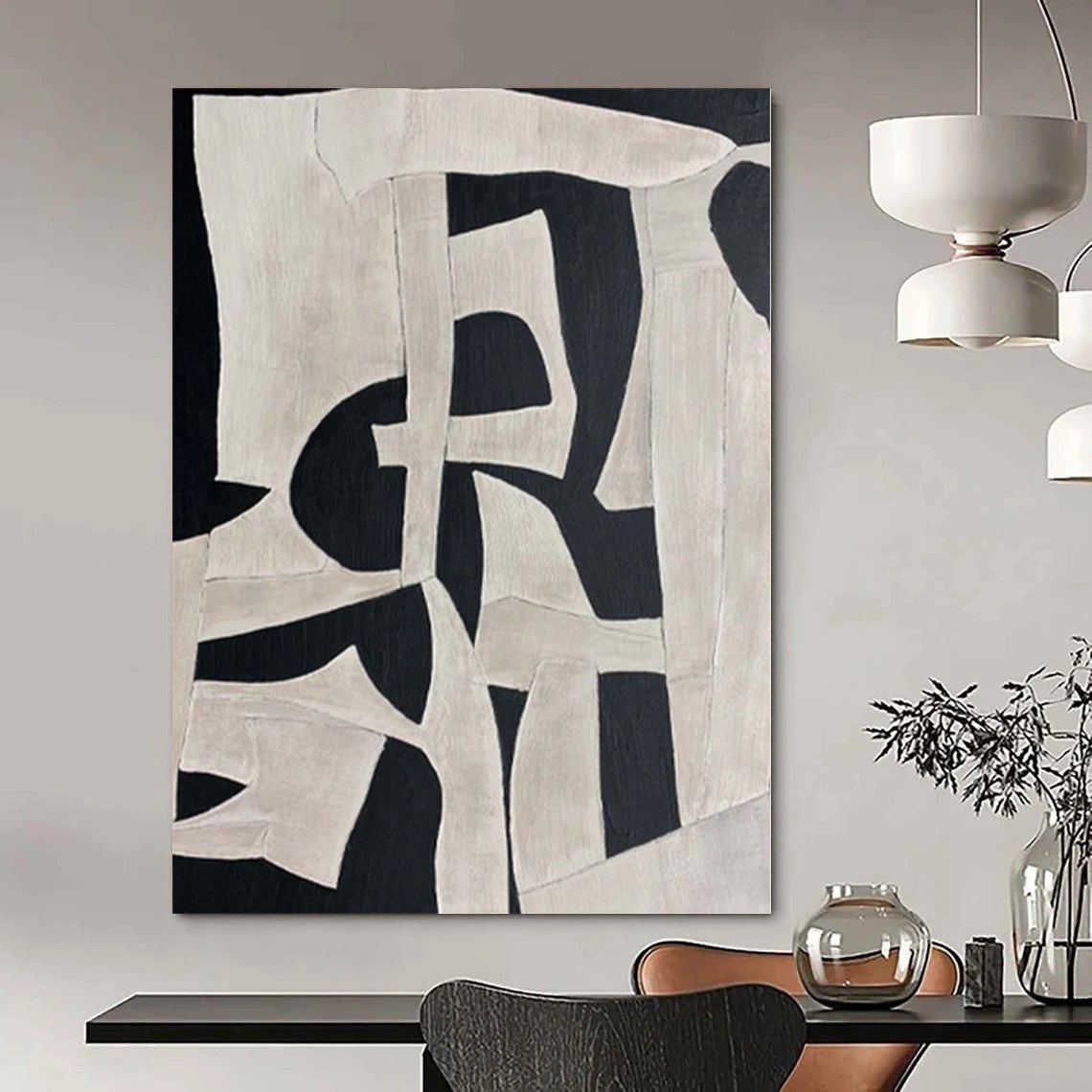 “Black - White Organic Geometric” - Artistic Abstract Painting On Canvas PS0132
